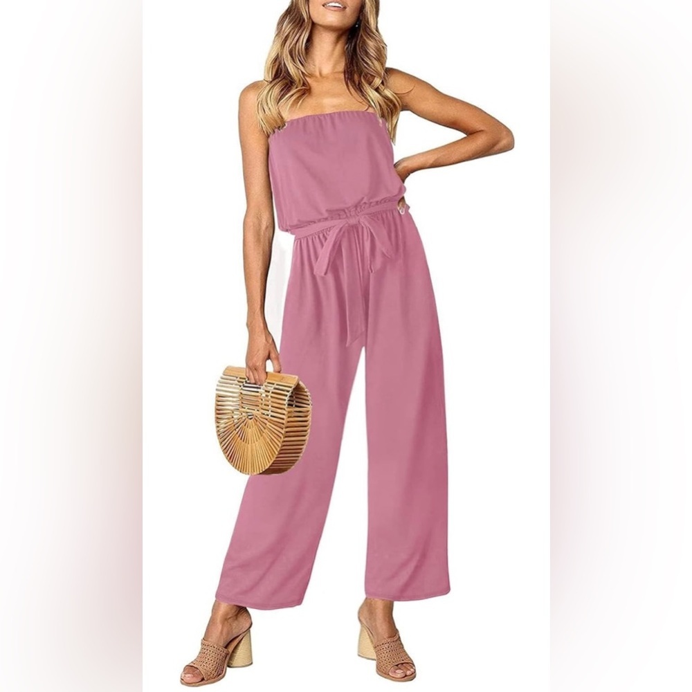 Strapless Pink Wide-Leg Jumpsuit with Tie Waist